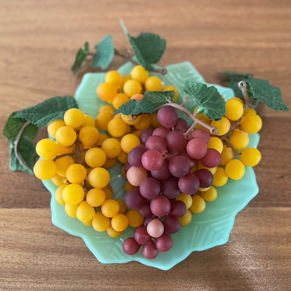 Group of 4 Midcentury Artificial Faux Grape Clusters MCM 7" Red & Yellow Leaves